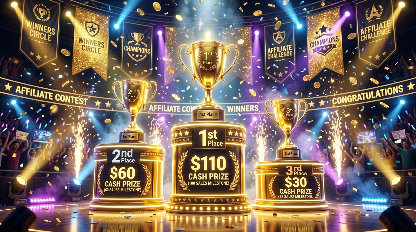 Affiliate Cash Contest Podium showing $110, $60, and $30 cash prizes