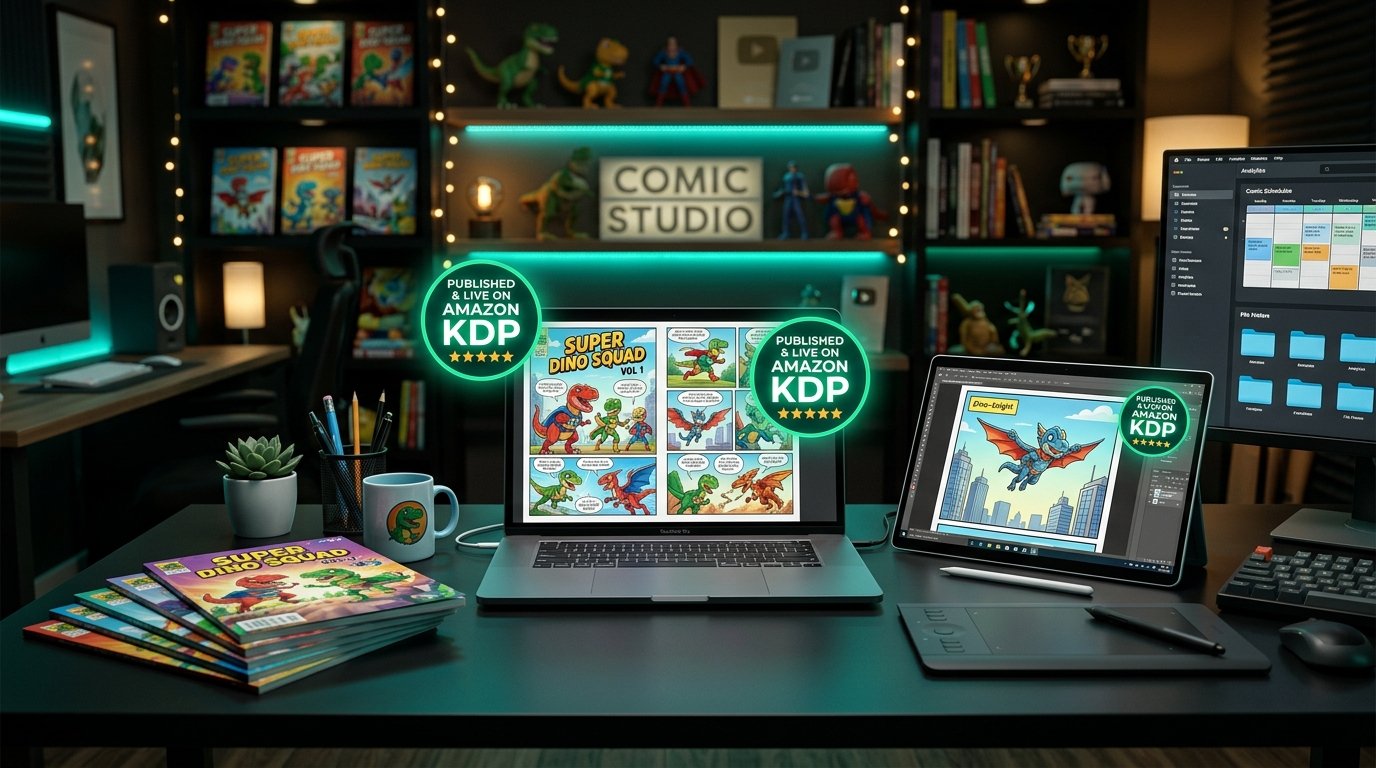 Aspirational creator workspace with finished comic books and KDP publishing badges