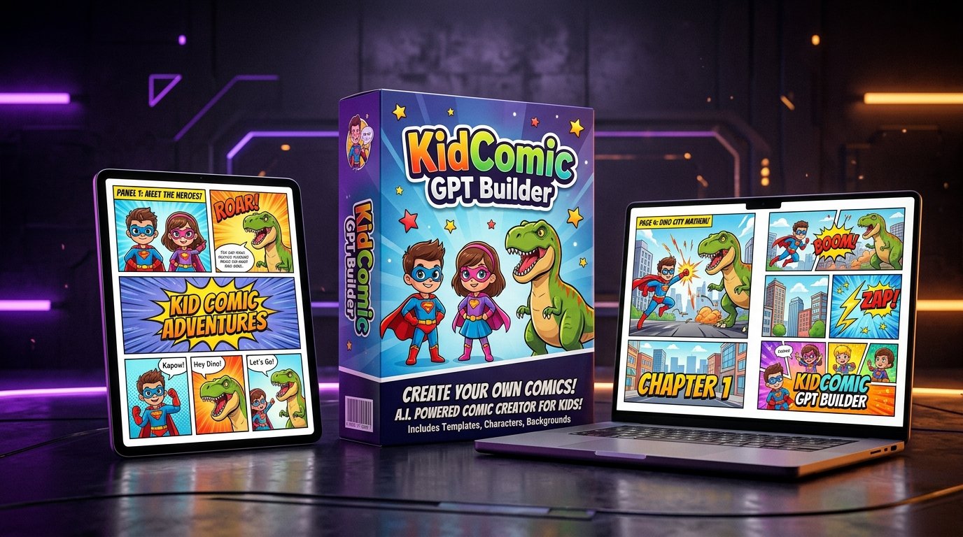 KidComic GPT Builder software package showing vibrant children's comic panels on laptop and tablet