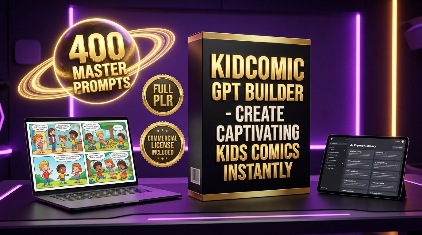 KidComic GPT Builder product suite showing prompt library, software package, and comic panel previews