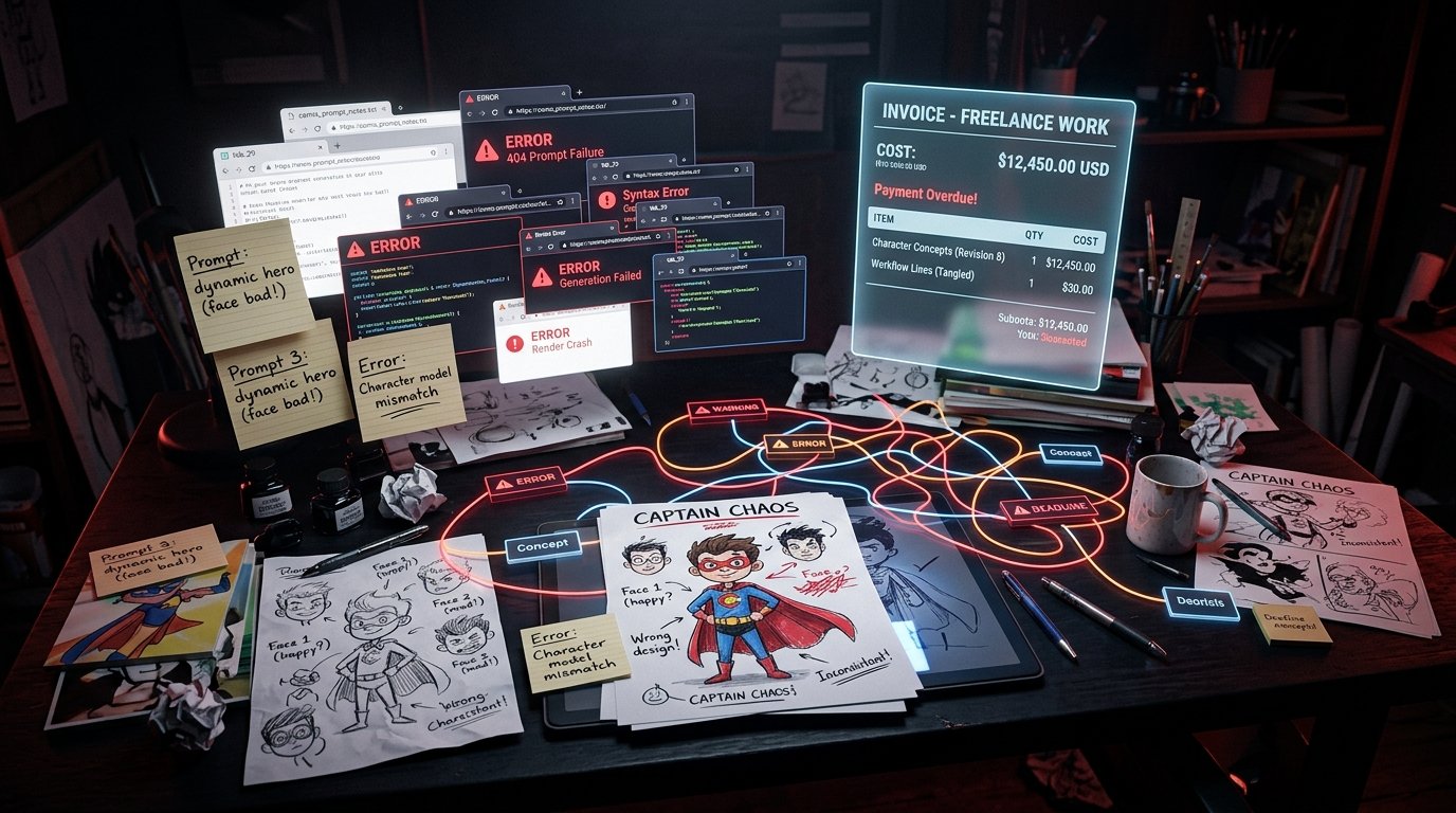 Chaotic workspace showing fragmented tools, mismatched sketches, and expensive freelancer invoices