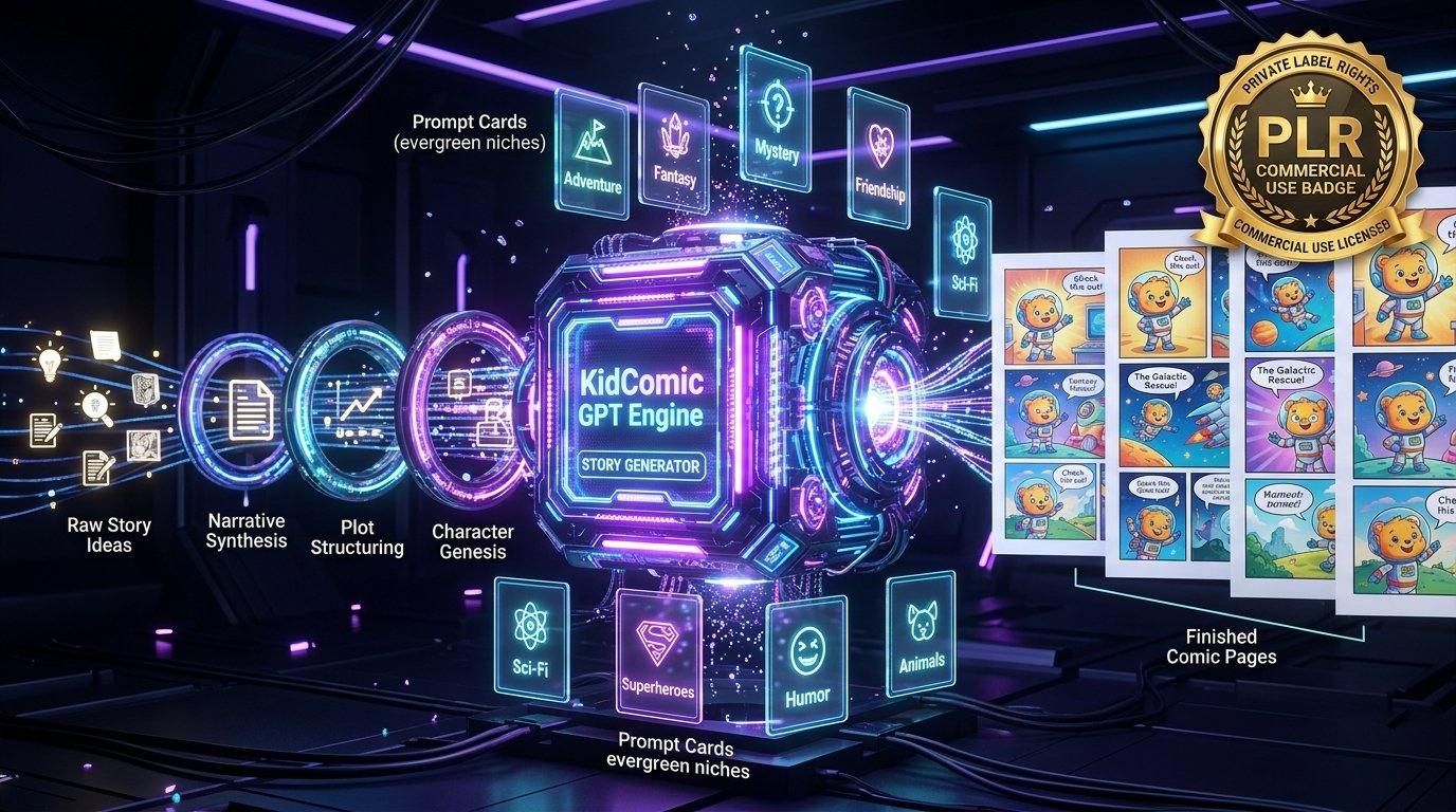 KidComic GPT Engine diagram showing story ideas transforming into finished comic pages