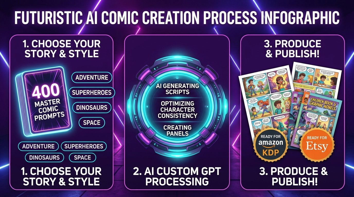 KidComic GPT Builder 3-step workflow: prompt selection, AI generation, and finished comic pages