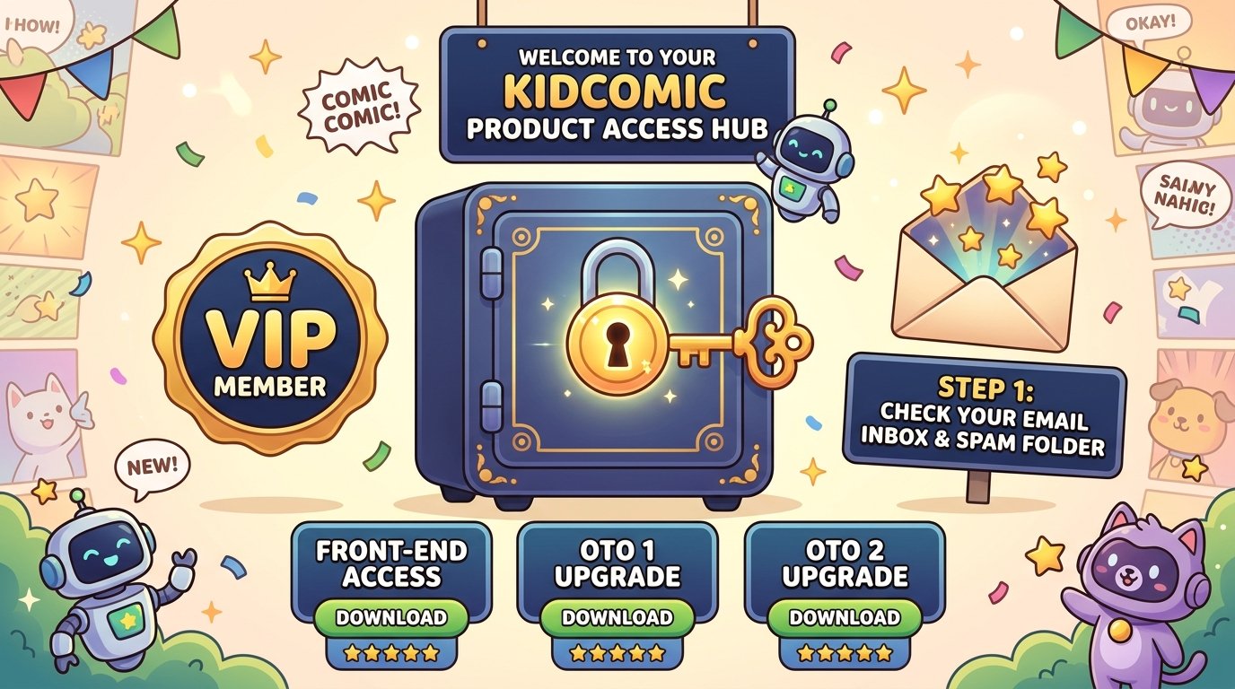 KidComic Product Access Hub showing email verification and download vaults